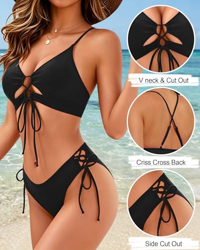 Sexy Bikini Sets for Women Curvy 2 Piece Cutout Swimsuit with High Cut Drawstring & Adjustable Tie Knots Bathing Suit