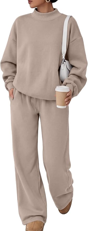Trendy Queen Womens 2 Piece Sweatsuit Fall Sweat Outfits Lounge Sets 2026 | Soft Fleece Interior, Chic Drop Shoulder, Travel Fashion Matching, Wide Leg Draping, Elastic Waistband, Deep Side Pockets
