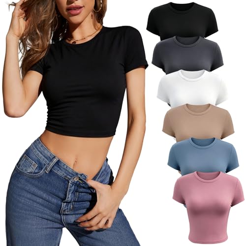 Women's 6 Pack Short Sleeve T Shirt, Basic Slim Solid Knit Tops