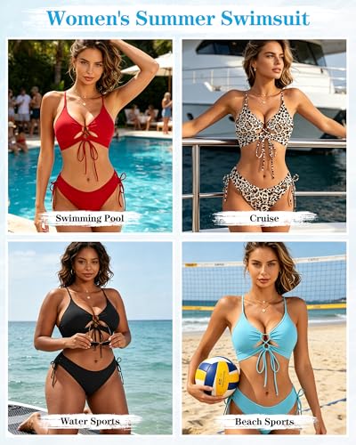 Sexy Bikini Sets for Women Curvy 2 Piece Cutout Swimsuit with High Cut Drawstring & Adjustable Tie Knots Bathing Suit