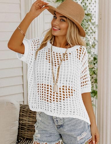 Short Sleeve Crochet Sweater Lightweight Summer Tops Loose Hollow Out Crewneck Pullover