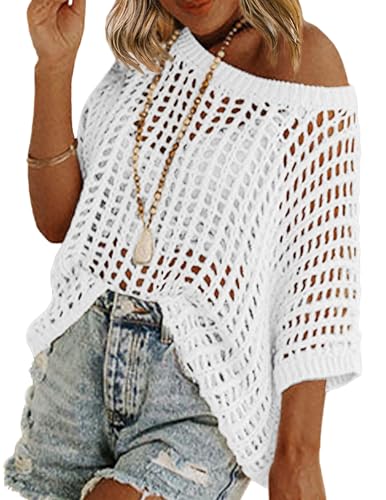 Short Sleeve Crochet Sweater Lightweight Summer Tops Loose Hollow Out Crewneck Pullover