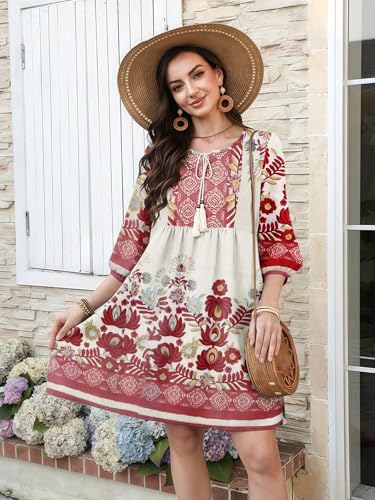 Boho Summer Dresses V Neck 3/4 Sleeve Floral Printed Loose Plus Size Flowy Beach Vacation Dress