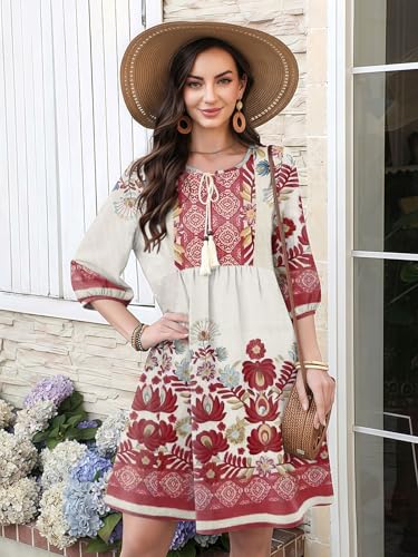 Boho Summer Dresses V Neck 3/4 Sleeve Floral Printed Loose Plus Size Flowy Beach Vacation Dress