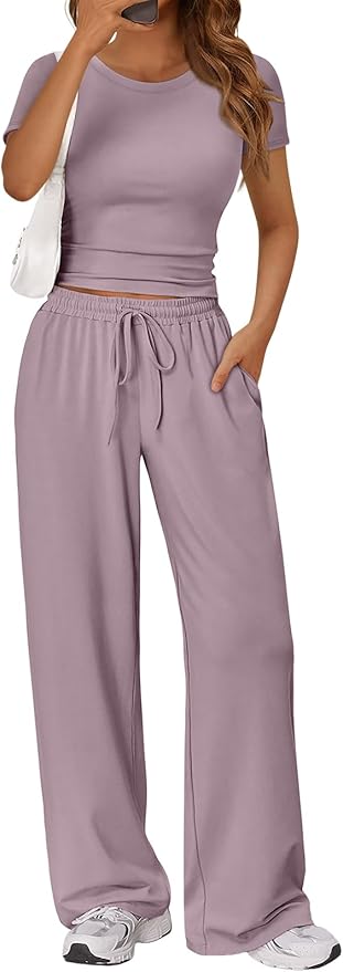 Trendy Queen 2 Piece Matching Summer Lounge Set Womens Side Ruching Top Wide Leg Pants Sets with Pockets