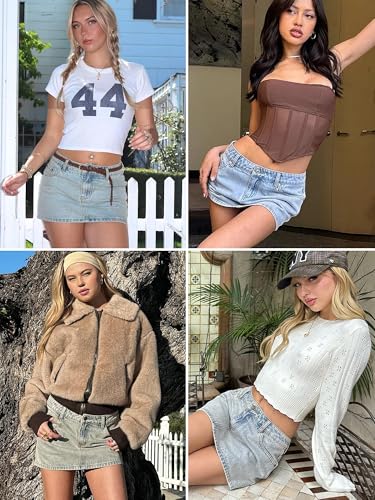 ELLEVEN Denim Mini Skirt for Women, High Stretch Low Waist Jean Skirt with Shorts Underneath Sexy Bodycon Casual Micro Skort