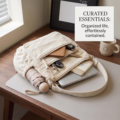 Distressed Canvas Messenger Bag - Multi-Zipper Layered Design