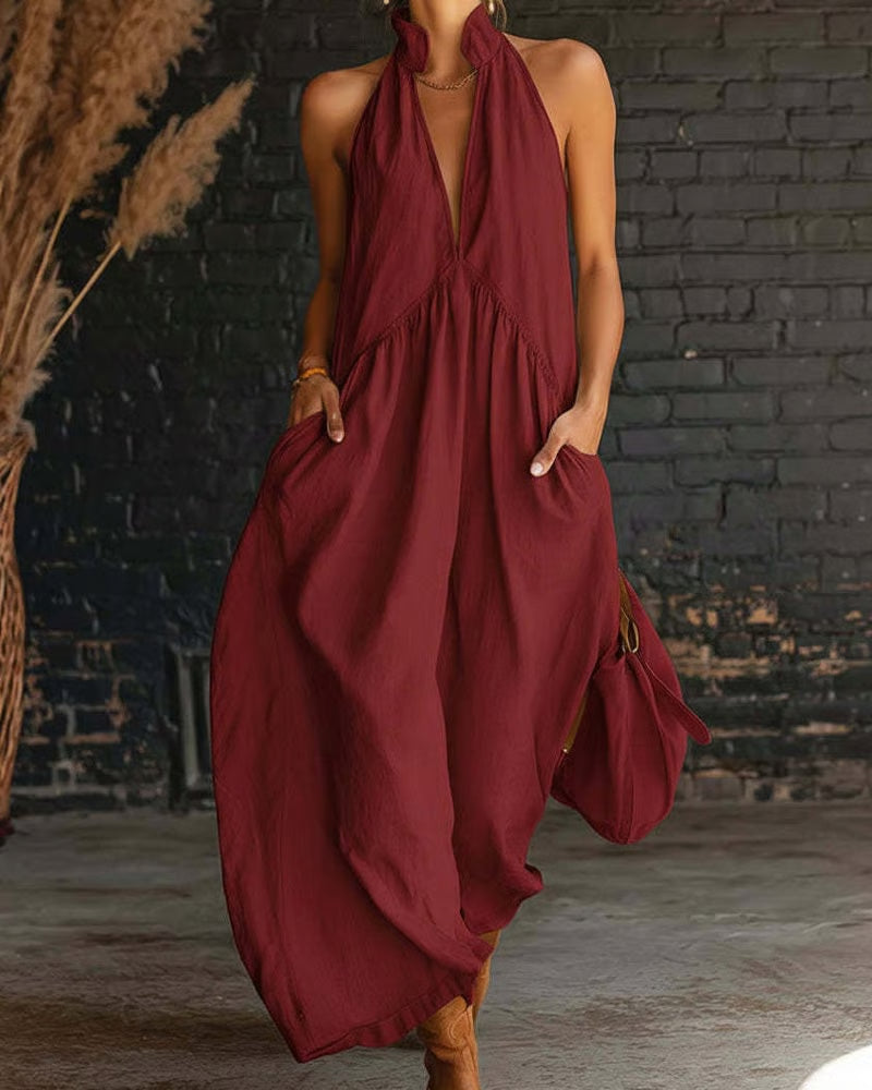 Solid-Color Sleeveless Stand-Collar Long Cotton-Linen Dress