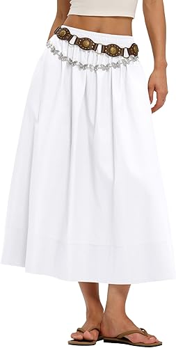 Skirts for Women A-Line Cotton Flowy Maxi Skirt Boho Summer Beach Casual Elastic Waist Dress Outfit with Pockets