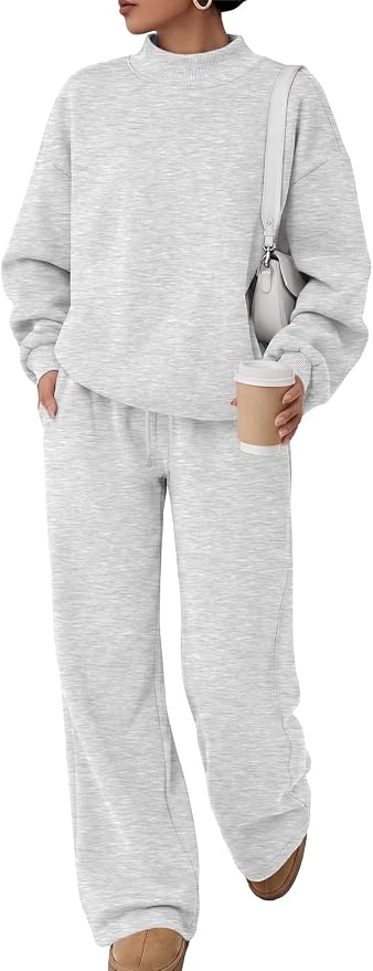 Trendy Queen Womens 2 Piece Sweatsuit Fall Sweat Outfits Lounge Sets 2026 | Soft Fleece Interior, Chic Drop Shoulder, Travel Fashion Matching, Wide Leg Draping, Elastic Waistband, Deep Side Pockets
