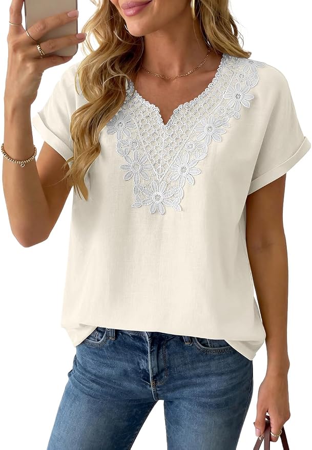 Womens Short Sleeve Tops Cotton Linen Shirts Loose Casual V Neck Lace Blouses Summer Vacation Clothes