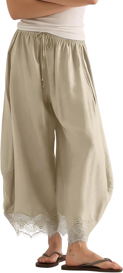 Women's Cropped Lace-Hem Pants High Waisted Drawstring Wide Leg Pants Casual Lightweight Trousers with Pockets