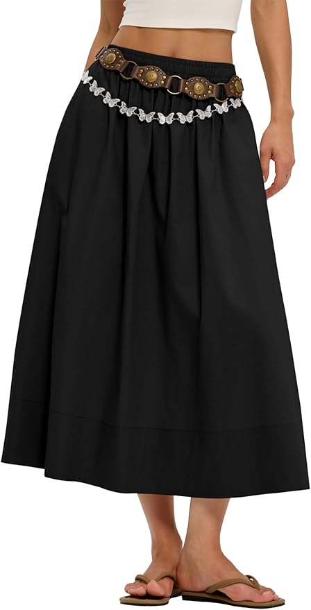 Skirts for Women A-Line Cotton Flowy Maxi Skirt Boho Summer Beach Casual Elastic Waist Dress Outfit with Pockets