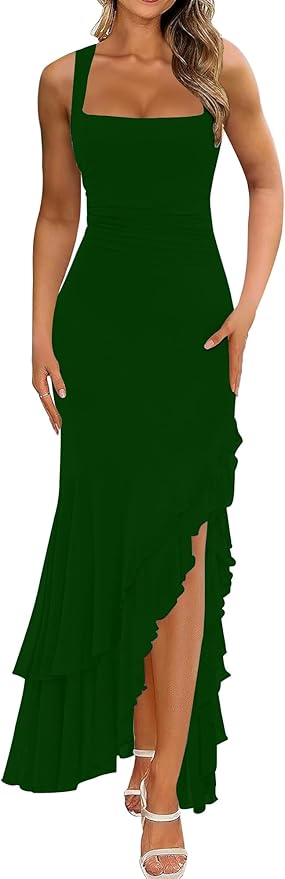 Women's Elegant Bodycon Ruched Maxi Cocktail Dress Mesh Sleeveless Mermaid Ruffle Beach Wedding Guest Long Dresses