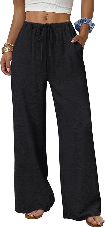 Women's Linen Pants Boho Wide Leg Summer Flowy Elastic Pants Lightweight Beach Vacation Outfits Pants with Pockets