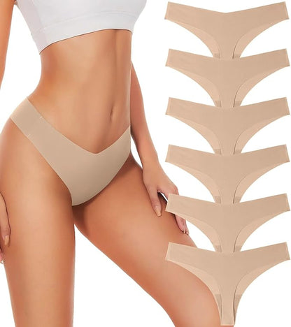 Seamless Thongs For Women V-waisted No Show Thong Seamless Panties Breathable Comfortable Underwear Womens 6-Pack