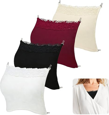 4 PCS Modesty Panel Cleavage Cover Up for Low Neckline - Lace Cami Inserts for Women Low Cut Dresses, Mock Camisole Lace Bandeau Bra Overlay,