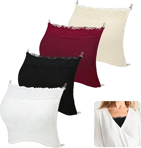 4 PCS Modesty Panel Cleavage Cover Up for Low Neckline - Lace Cami Inserts for Women Low Cut Dresses, Mock Camisole Lace Bandeau Bra Overlay,