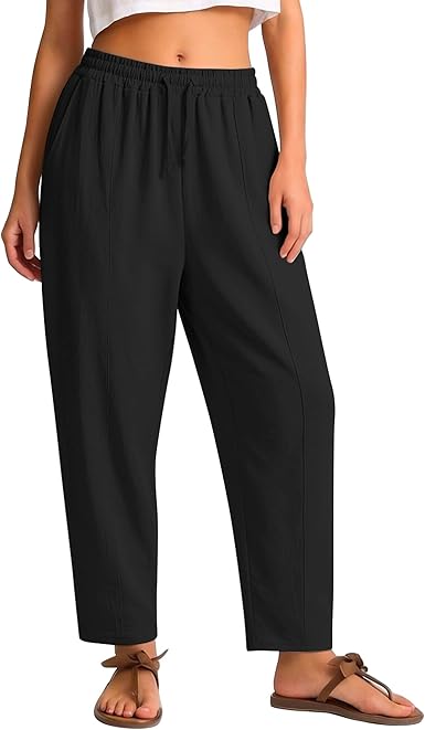 Women's Casual Cropped Pants Loose Casual Palazzo Trousers Drawstring Wide Leg Lounge Pants with Pockets