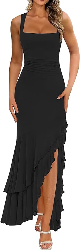 Women's Elegant Bodycon Ruched Maxi Cocktail Dress Mesh Sleeveless Mermaid Ruffle Beach Wedding Guest Long Dresses