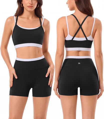 2 Pieces Workout Sets for Women,Seamless Athletic Short with Double Layer Sports Bra,Gym Matching Outfits