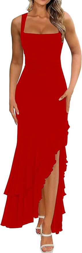 Women's Elegant Bodycon Ruched Maxi Cocktail Dress Mesh Sleeveless Mermaid Ruffle Beach Wedding Guest Long Dresses