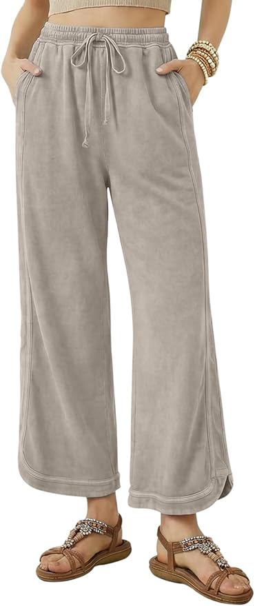 Women's Casual Cropped Pants Loose Casual Palazzo Trousers Drawstring Wide Leg Lounge Pants with Pockets