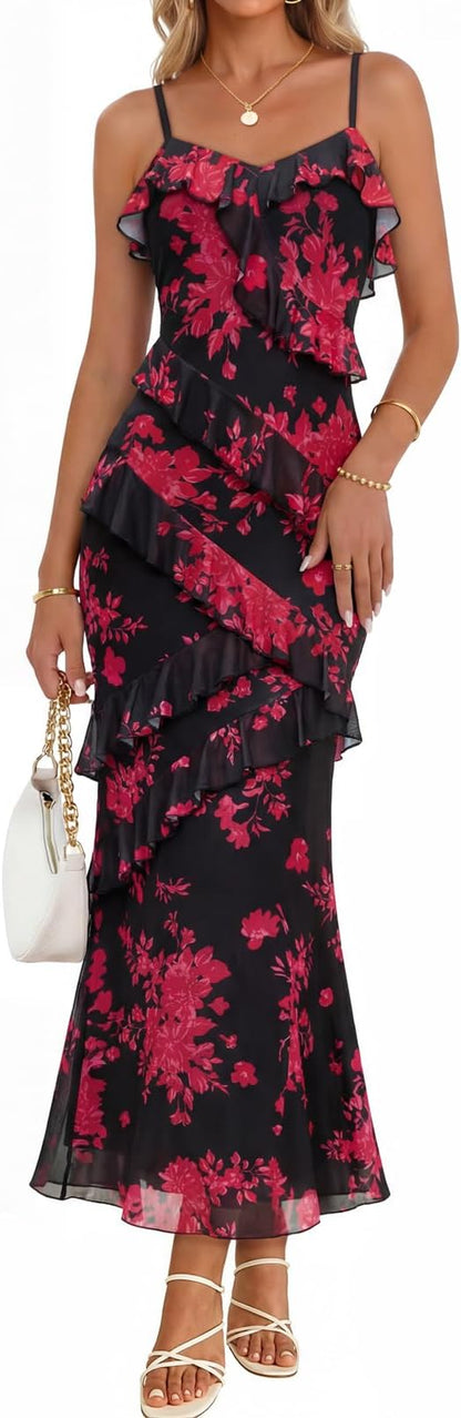 Summer Floral Wedding Guest Maxi Dress Women 2026 Vacation Formal Bodycon Spaghetti Strap Cocktail Party Long Dress