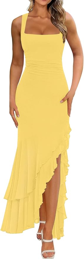 Women's Elegant Bodycon Ruched Maxi Cocktail Dress Mesh Sleeveless Mermaid Ruffle Beach Wedding Guest Long Dresses