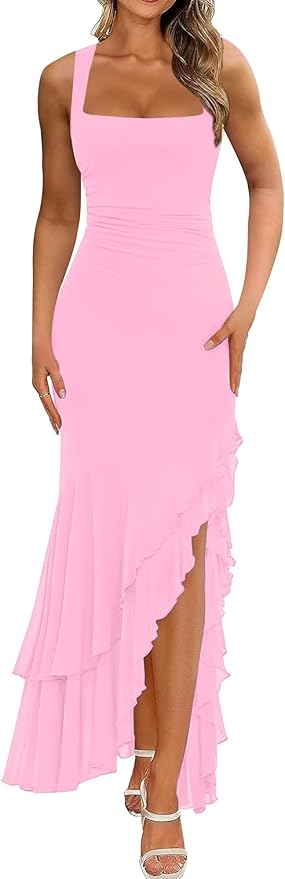Women's Elegant Bodycon Ruched Maxi Cocktail Dress Mesh Sleeveless Mermaid Ruffle Beach Wedding Guest Long Dresses
