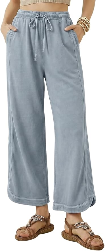 Women's Casual Cropped Pants Loose Casual Palazzo Trousers Drawstring Wide Leg Lounge Pants with Pockets