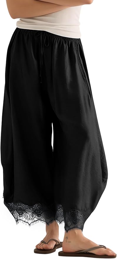 Women's Cropped Lace-Hem Pants High Waisted Drawstring Wide Leg Pants Casual Lightweight Trousers with Pockets
