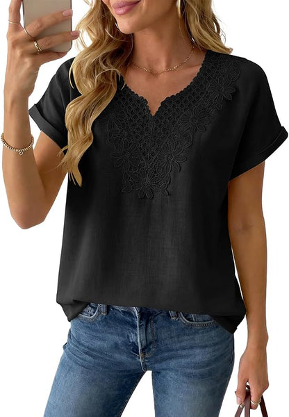 Womens Short Sleeve Tops Cotton Linen Shirts Loose Casual V Neck Lace Blouses Summer Vacation Clothes