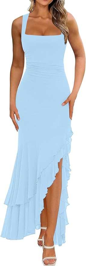 Women's Elegant Bodycon Ruched Maxi Cocktail Dress Mesh Sleeveless Mermaid Ruffle Beach Wedding Guest Long Dresses