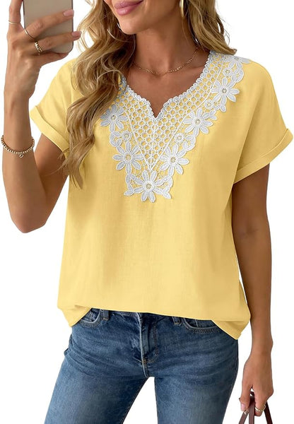 Womens Short Sleeve Tops Cotton Linen Shirts Loose Casual V Neck Lace Blouses Summer Vacation Clothes