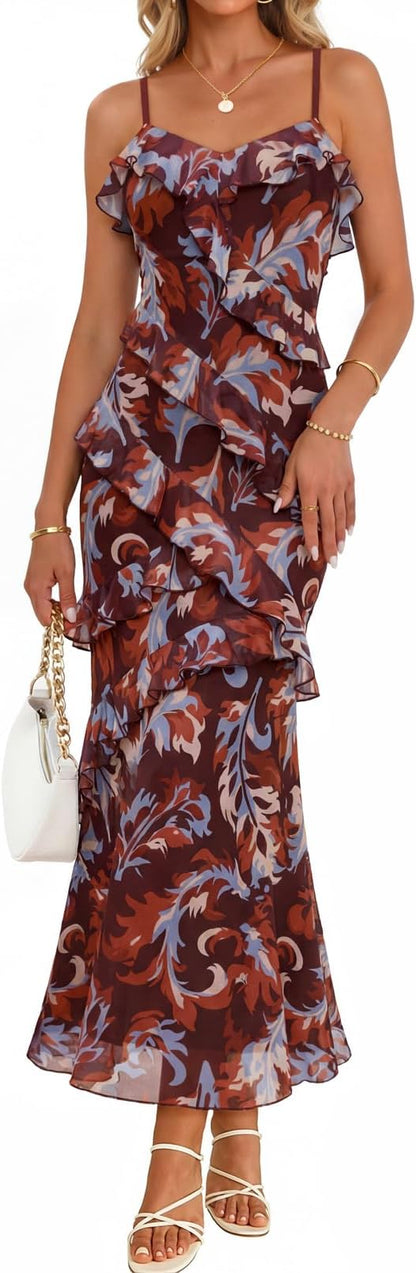 Summer Floral Wedding Guest Maxi Dress Women 2026 Vacation Formal Bodycon Spaghetti Strap Cocktail Party Long Dress