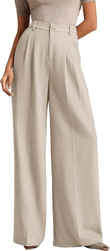 Women's Business Casual Wide Leg Dress Pants, High Elastic Waisted Trousers with Pockets