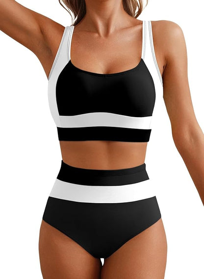 Women 2 Piece High Waisted Bikini Sets Colorblock Sporty Swimsuits Wide Straps Bathing Suit 2026 Summer Swimwear