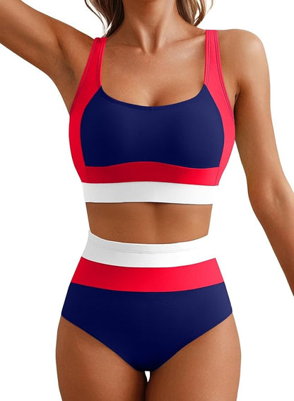 Women 2 Piece High Waisted Bikini Sets Colorblock Sporty Swimsuits Wide Straps Bathing Suit 2026 Summer Swimwear