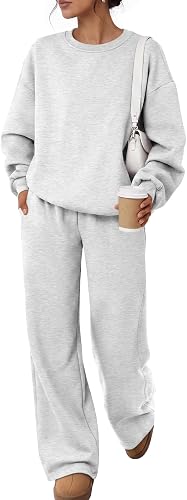 Trendy Queen Womens 2 Piece Sweatsuit Fall Sweat Outfits Lounge Sets 2026 | Soft Fleece Interior, Chic Drop Shoulder, Travel Fashion Matching, Wide Leg Draping, Elastic Waistband, Deep Side Pockets