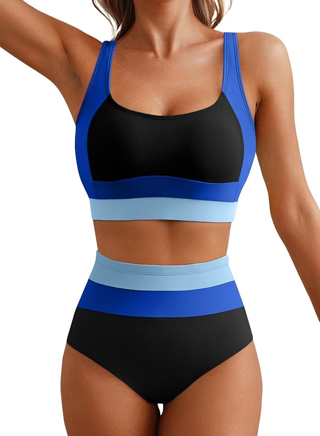Women 2 Piece High Waisted Bikini Sets Colorblock Sporty Swimsuits Wide Straps Bathing Suit 2026 Summer Swimwear