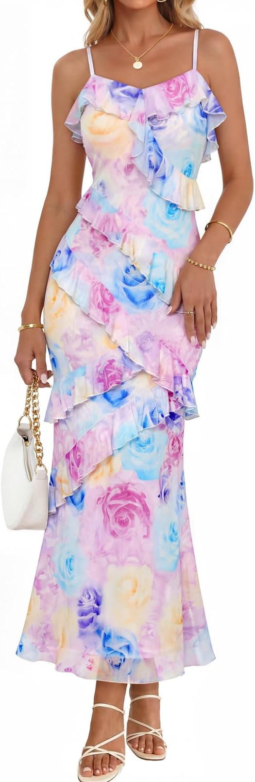 Summer Floral Wedding Guest Maxi Dress Women 2026 Vacation Formal Bodycon Spaghetti Strap Cocktail Party Long Dress