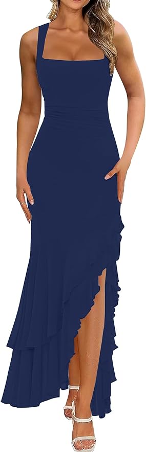 Women's Elegant Bodycon Ruched Maxi Cocktail Dress Mesh Sleeveless Mermaid Ruffle Beach Wedding Guest Long Dresses