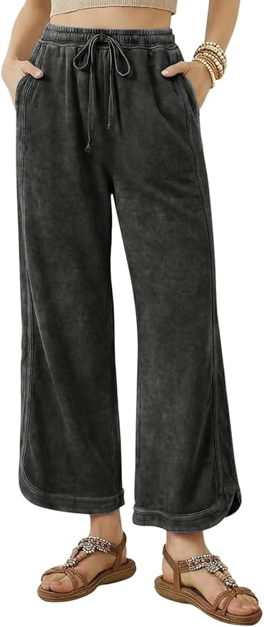 Women's Casual Cropped Pants Loose Casual Palazzo Trousers Drawstring Wide Leg Lounge Pants with Pockets