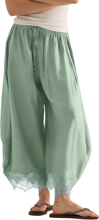 Women's Cropped Lace-Hem Pants High Waisted Drawstring Wide Leg Pants Casual Lightweight Trousers with Pockets