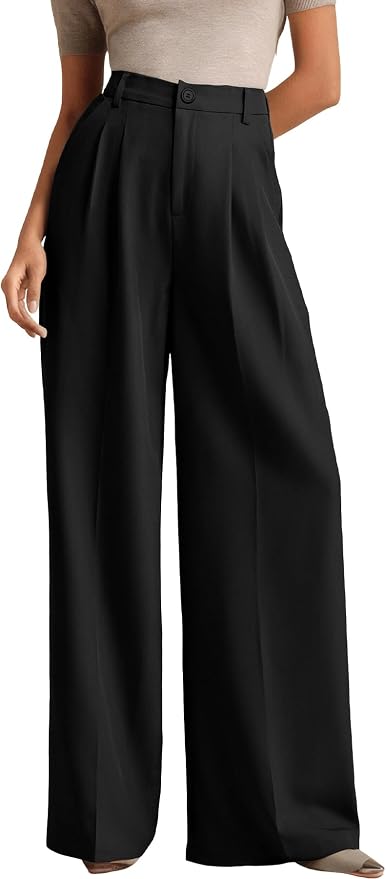 Women's Business Casual Wide Leg Dress Pants, High Elastic Waisted Trousers with Pockets