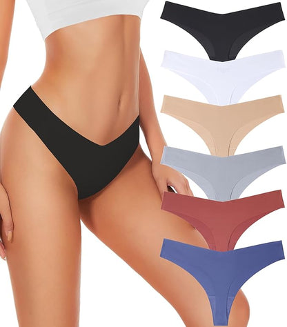Seamless Thongs For Women V-waisted No Show Thong Seamless Panties Breathable Comfortable Underwear Womens 6-Pack