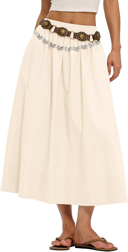 Skirts for Women A-Line Cotton Flowy Maxi Skirt Boho Summer Beach Casual Elastic Waist Dress Outfit with Pockets