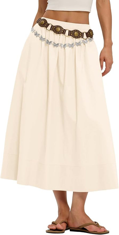 Skirts for Women A-Line Cotton Flowy Maxi Skirt Boho Summer Beach Casual Elastic Waist Dress Outfit with Pockets