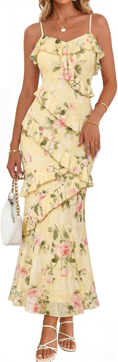 Summer Floral Wedding Guest Maxi Dress Women 2026 Vacation Formal Bodycon Spaghetti Strap Cocktail Party Long Dress